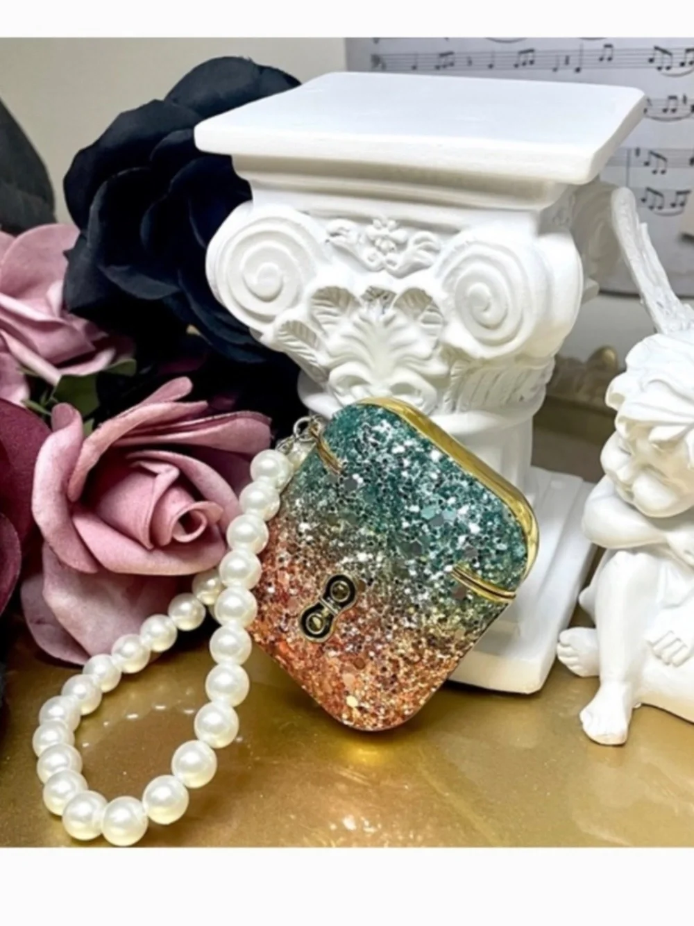 2 items.AirPods 1/2 luxury glitter gradient dazzled case with pearl chain